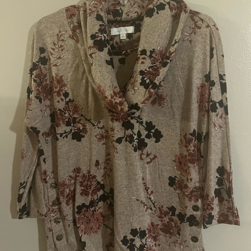 New Directions Black and Brown Floral Cowl Neck Top